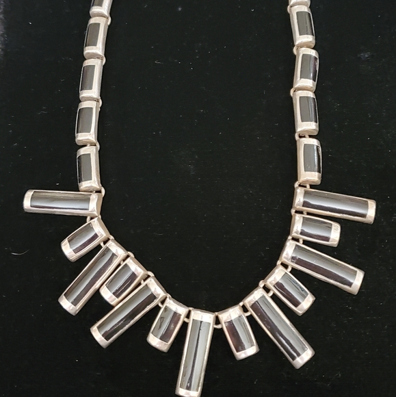 Heavy Vintage Mexico Sterling black onyx inlay Necklace - Picture 8 of 15